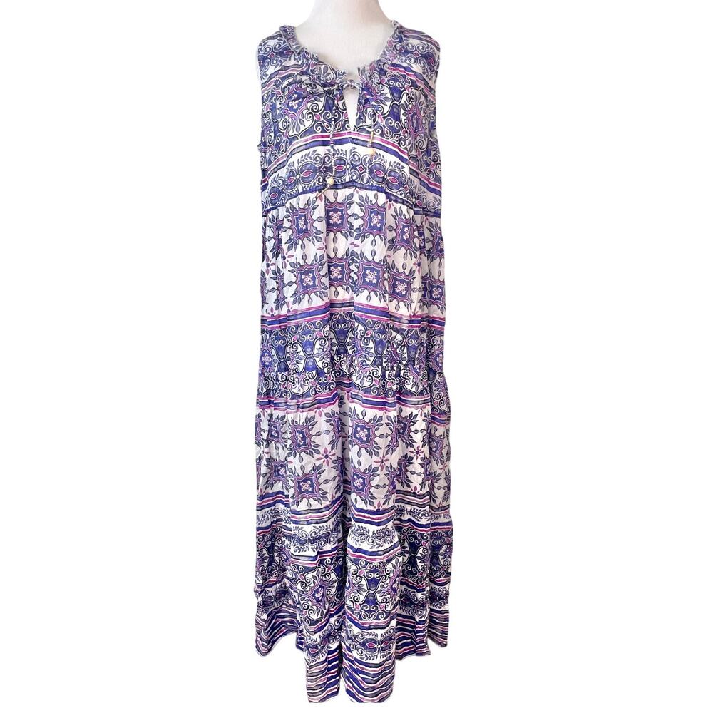 True Destinations Tiered Lightweight Cotton Swim Coverup Maxi Dress L Purple